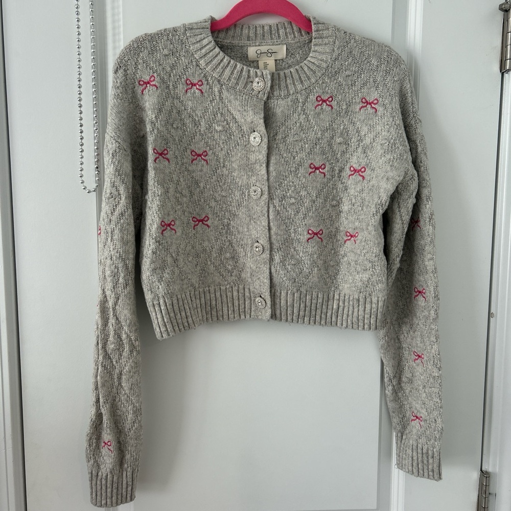 JESSICA SIMPSON GRAY SPARKLY PINK BOW CARDIGAN